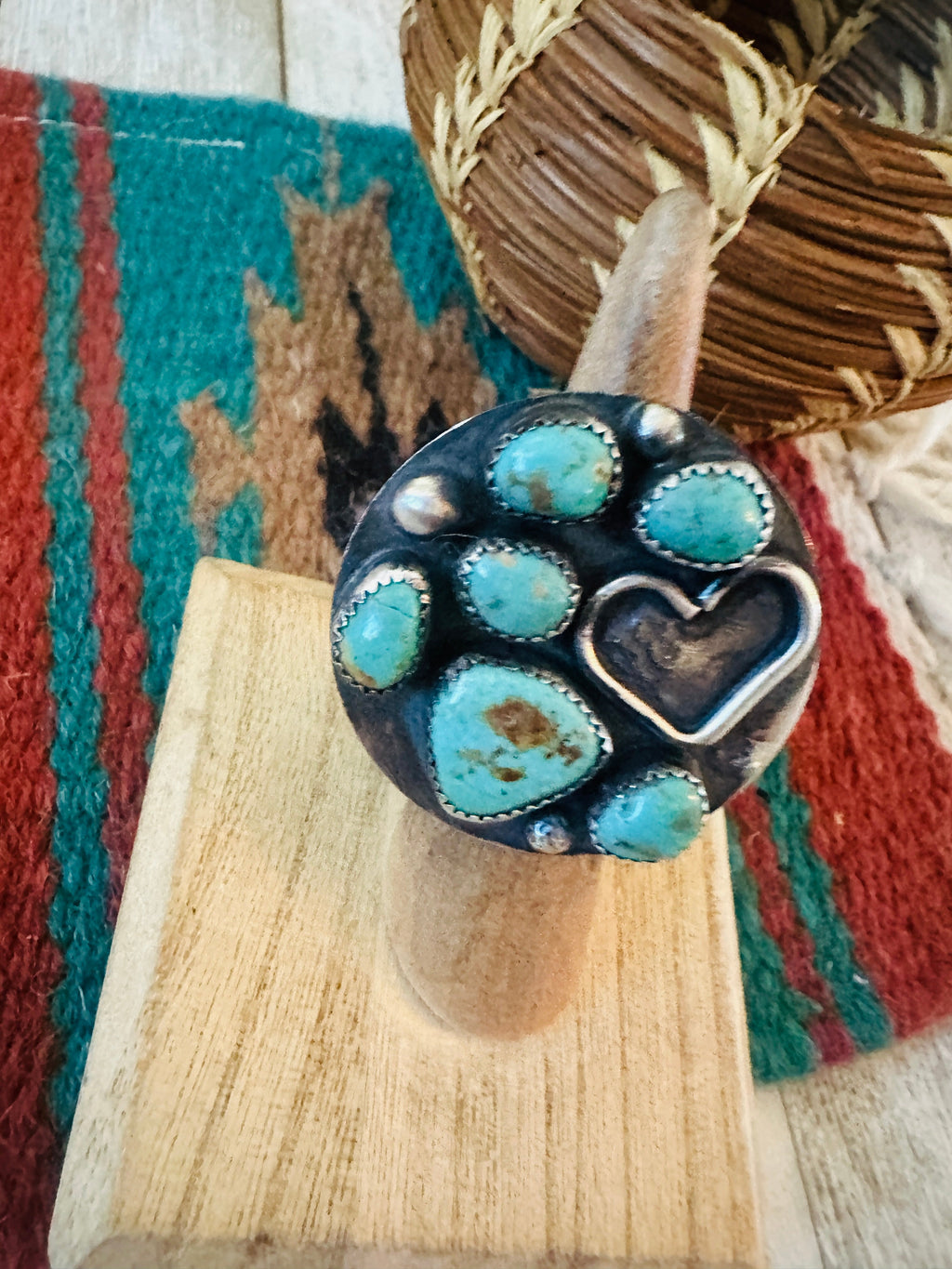 Old Pawn Handcrafted Sterling Silver & Turquoise Ring Size 5