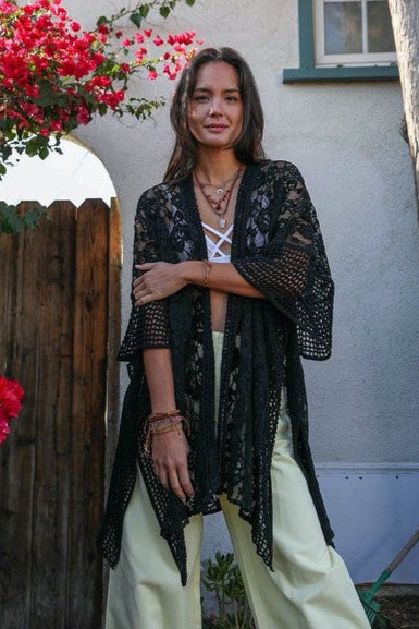 Floral Lace Textured Kimono black