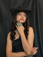 Handmade Sterling Silver Dahlia Rose With Emerald Valley Turquoise Ring "Signed Nizhoni"
