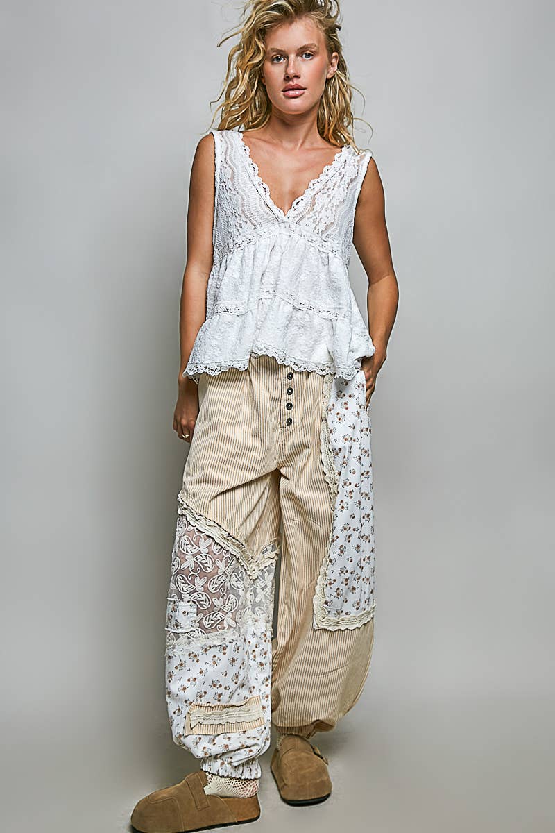 POL Sleeveless Deep V-neck Lace Trim Knit Top