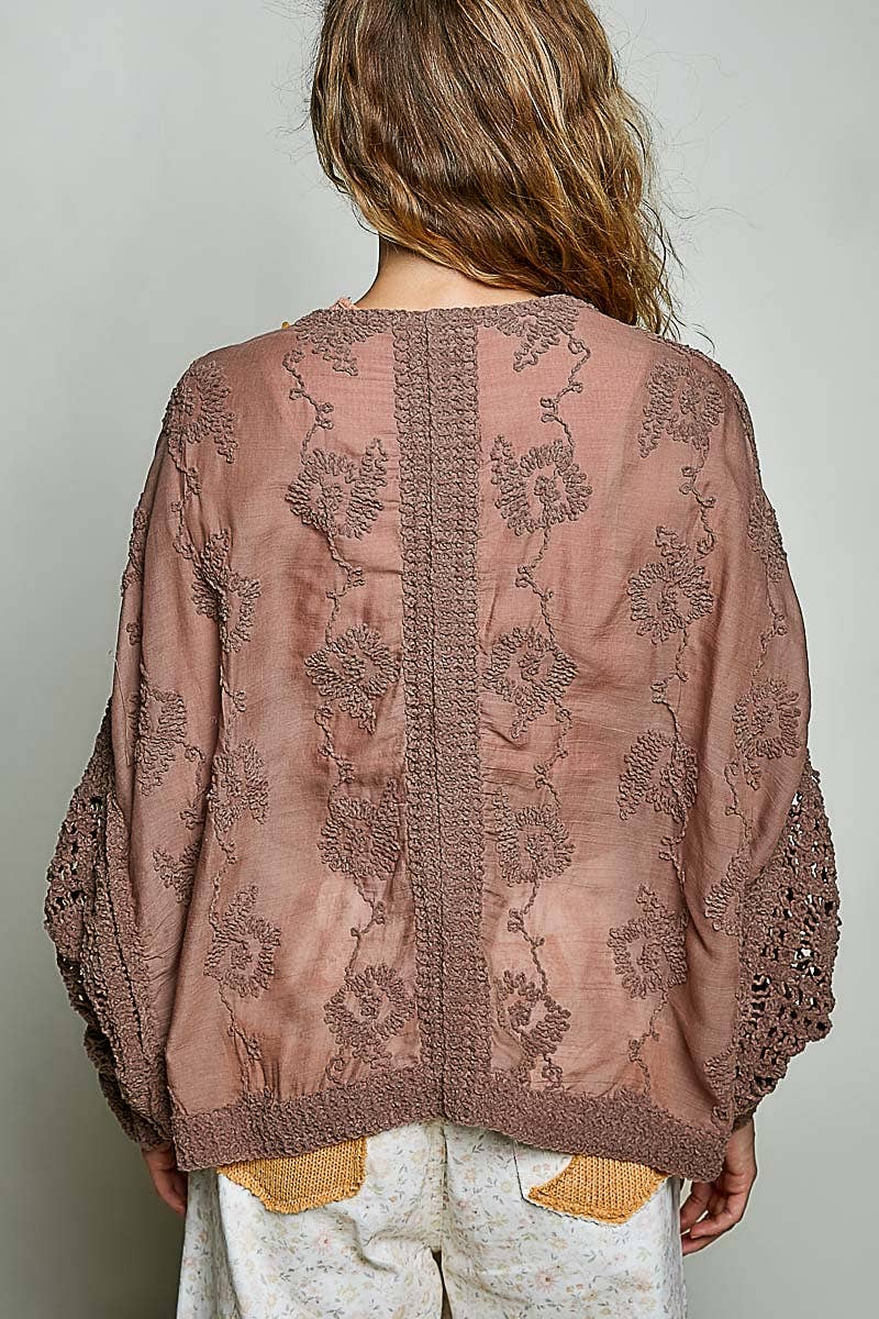 Floral Embroidered Contrast Chenille Crochet Cardigan Top