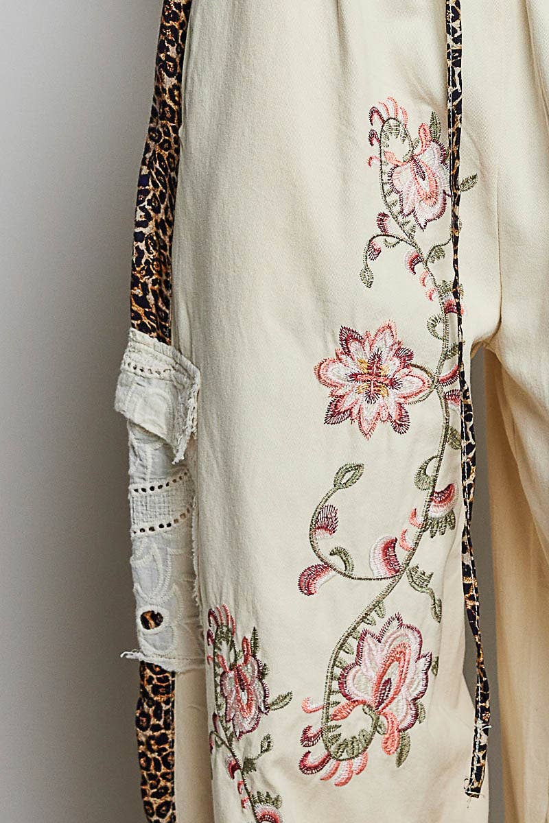 Floral Embroidery Print Patch Denim Jogger Pants