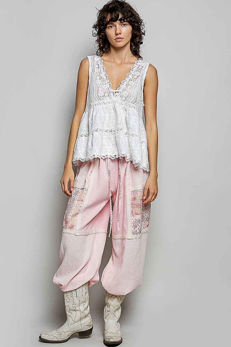 POL Sleeveless Deep V-neck Lace Trim Knit Top