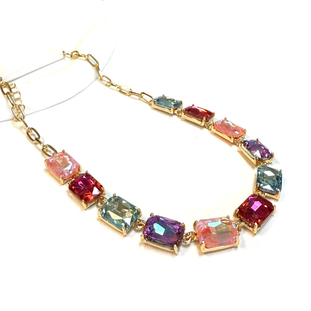 Rectangle Crystal Glass Linked Statement Chain Necklace