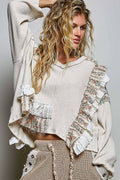 POL Floral Ruffle Trim Textured Ribbed Long Sleeve Knit Top