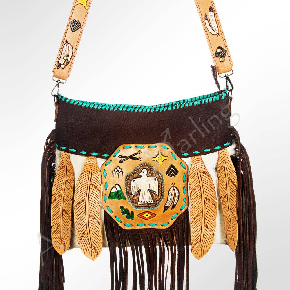 Feather Dust Tooled Leather Crossbody Boho Handbag