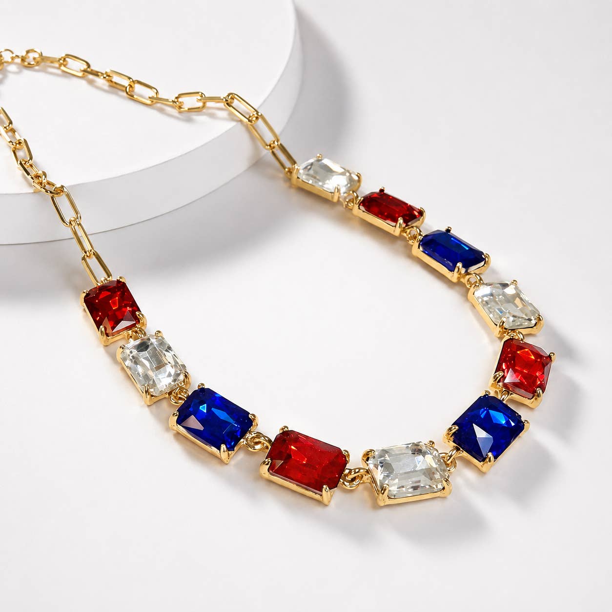 Rectangle Crystal Glass Linked Statement Chain Necklace