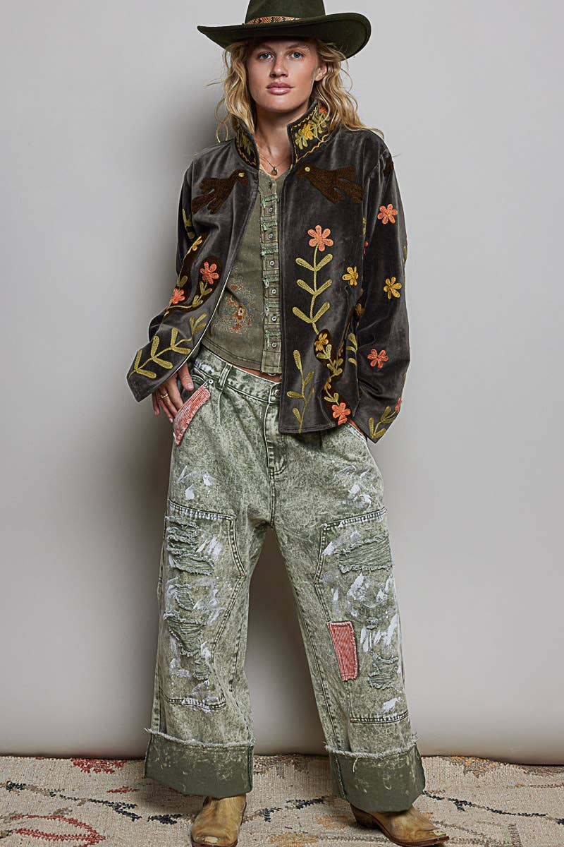 Suzette Vine Embroidery Floral Velvet Jacket