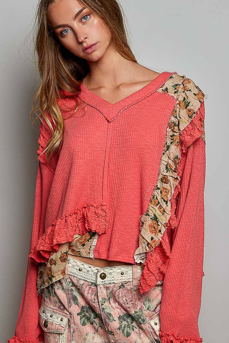 POL Floral Ruffle Trim Textured Ribbed Long Sleeve Knit Top