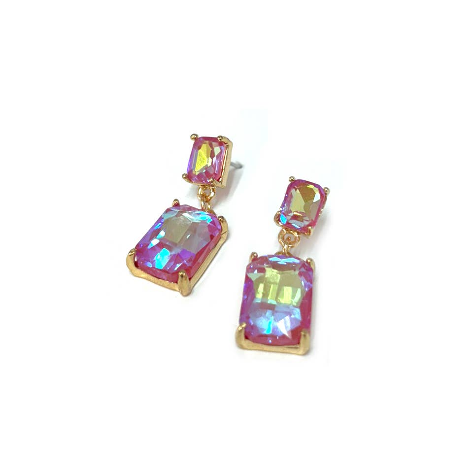 Midi Size Rectangle Linked Crystal Glass Dangle Earrings