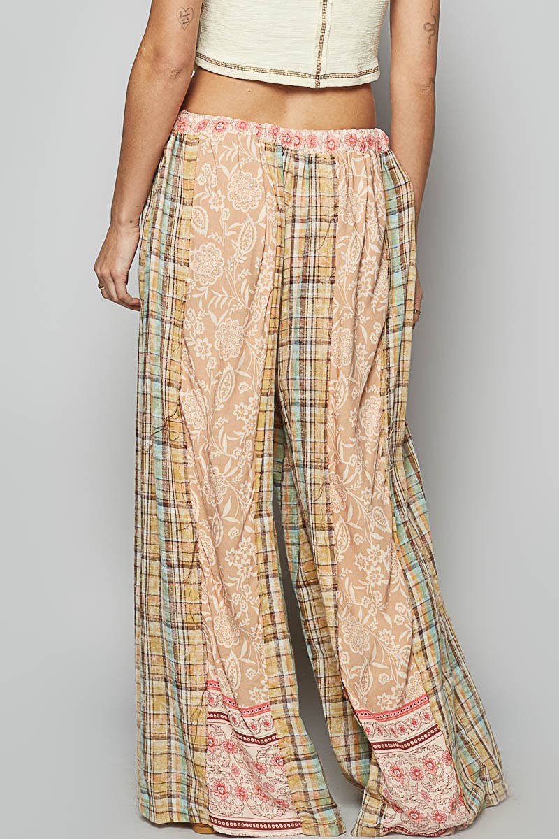Woven Floral Patchwork Wide Leg Pants