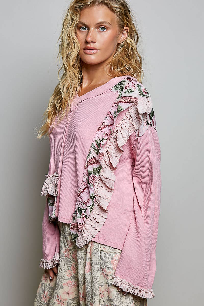 POL Floral Ruffle Trim Textured Ribbed Long Sleeve Knit Top