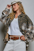 Allover Print Pattern Raw-Edge Fringe Trim Shirt Jacket