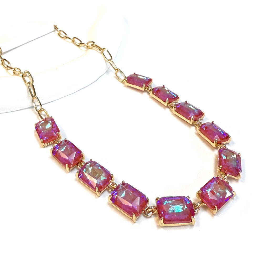 Rectangle Crystal Glass Linked Statement Chain Necklace