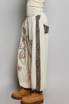 Floral Embroidery Print Patch Denim Jogger Pants