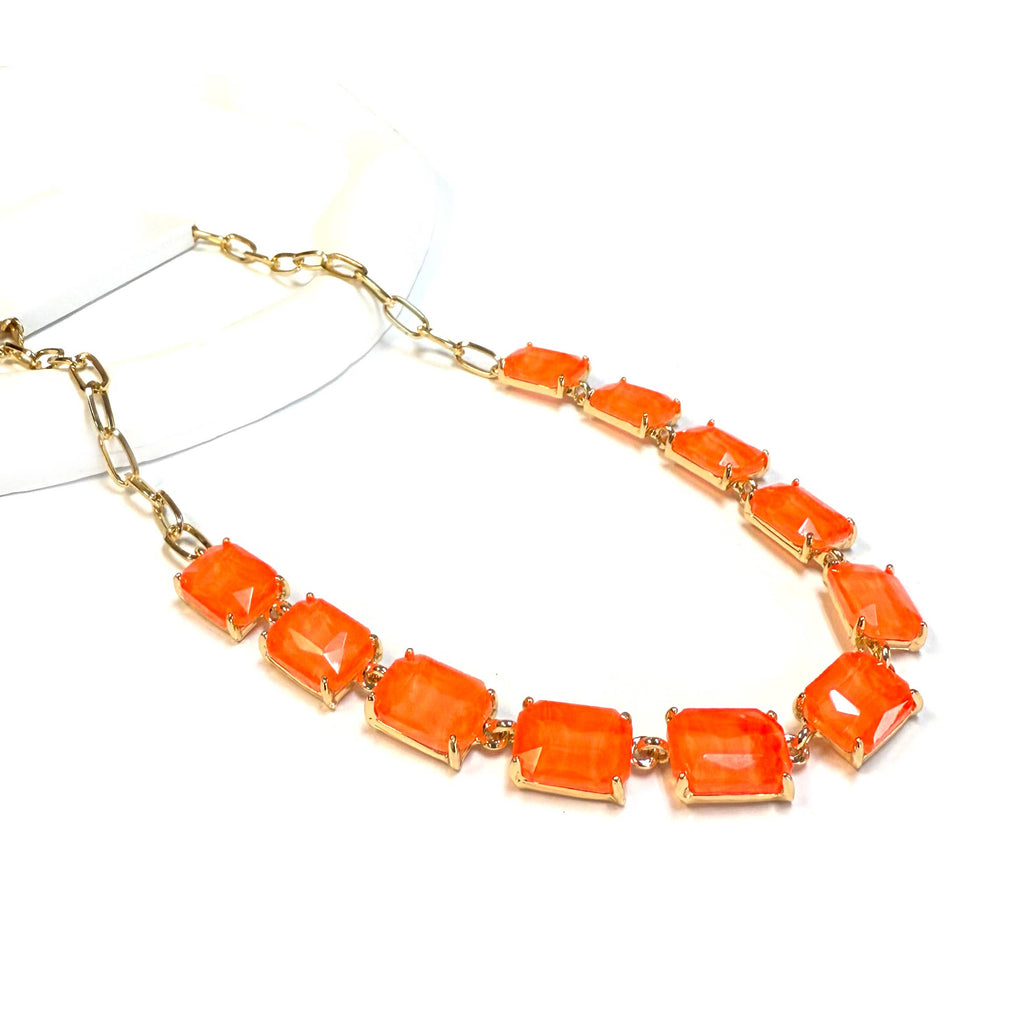 Rectangle Crystal Glass Linked Statement Chain Necklace