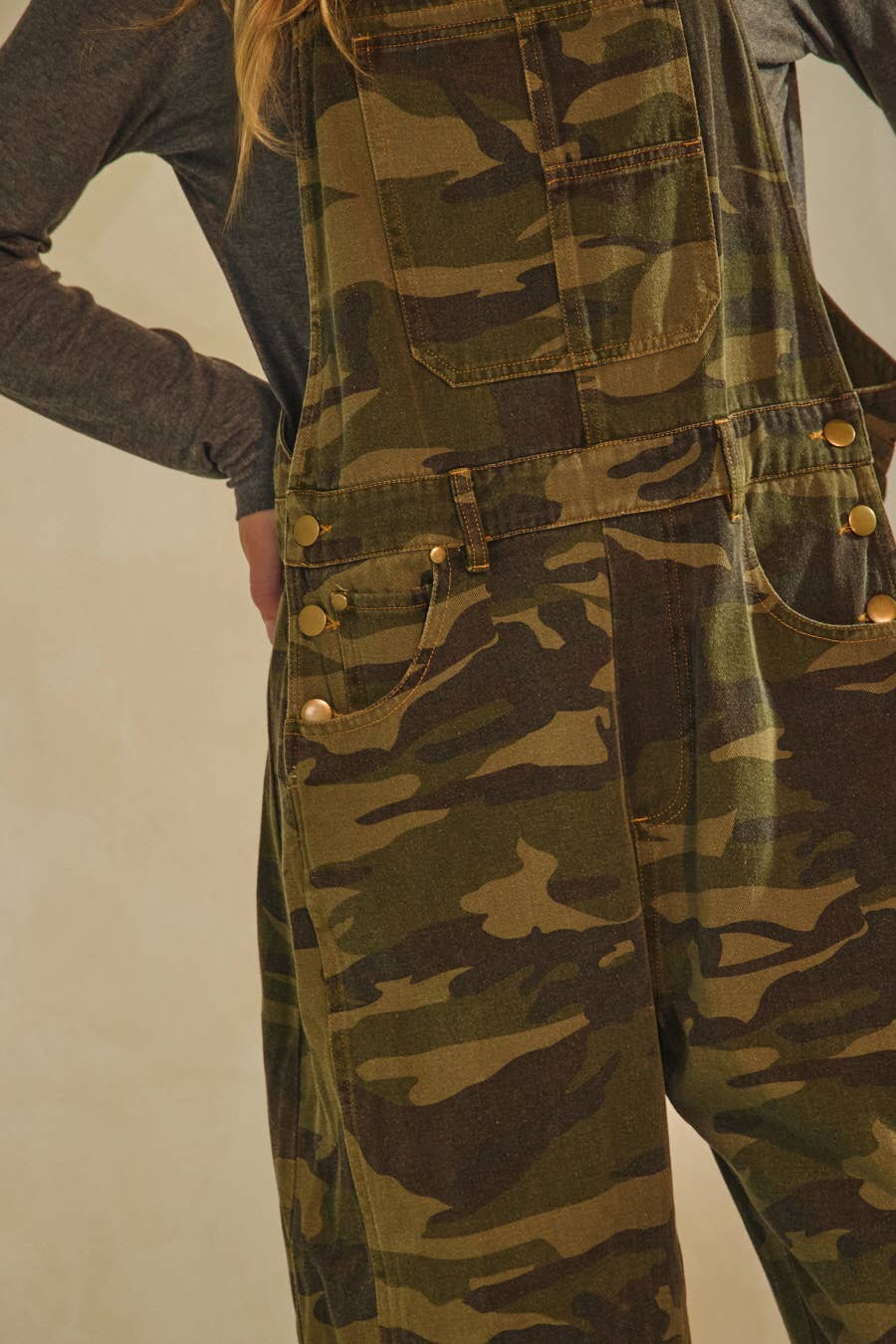 Camo Denim Barrel Overalls Jumpsuit