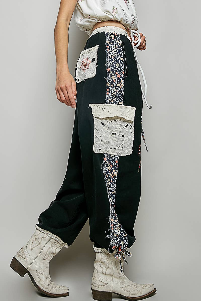Floral Embroidery Print Patch Denim Jogger Pants