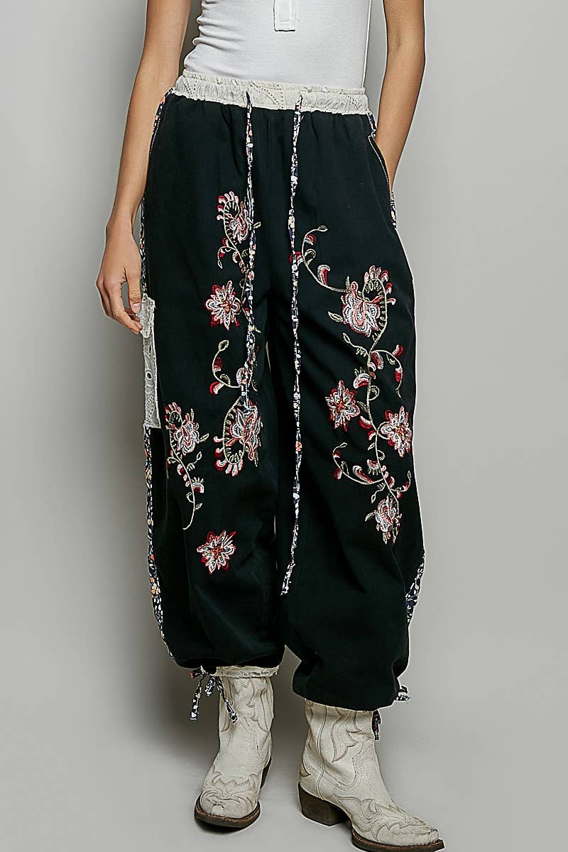 Floral Embroidery Print Patch Denim Jogger Pants