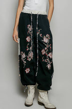 Floral Embroidery Print Patch Denim Jogger Pants