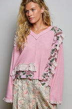 POL Floral Ruffle Trim Textured Ribbed Long Sleeve Knit Top