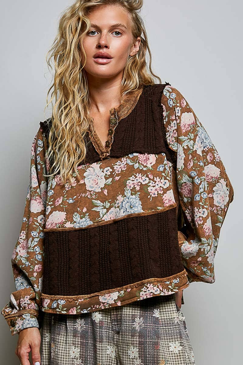 POL French Terry Raw-Edge Trim Patchwork Textured Knit Top