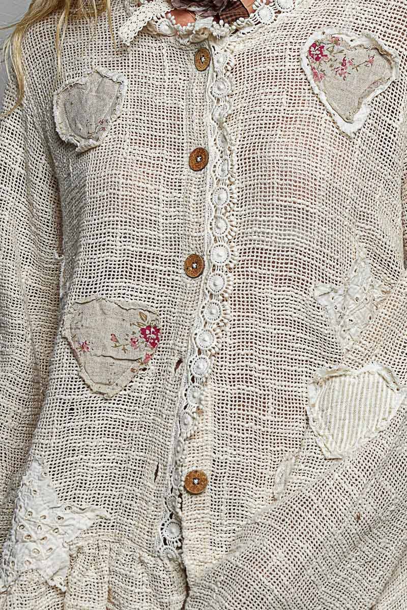 Floral Heart + Star Appliqué Lace Trim Cardigan