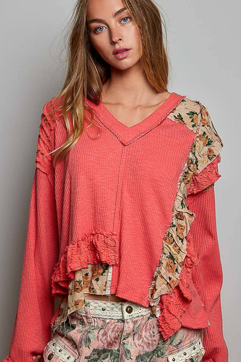 POL Floral Ruffle Trim Textured Ribbed Long Sleeve Knit Top
