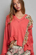 POL Floral Ruffle Trim Textured Ribbed Long Sleeve Knit Top
