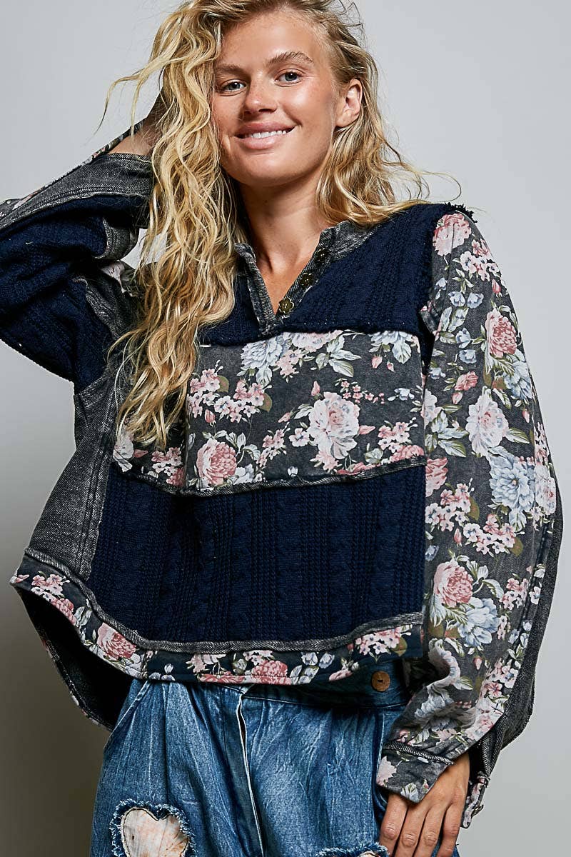 POL French Terry Raw-Edge Trim Patchwork Textured Knit Top