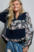 POL French Terry Raw-Edge Trim Patchwork Textured Knit Top