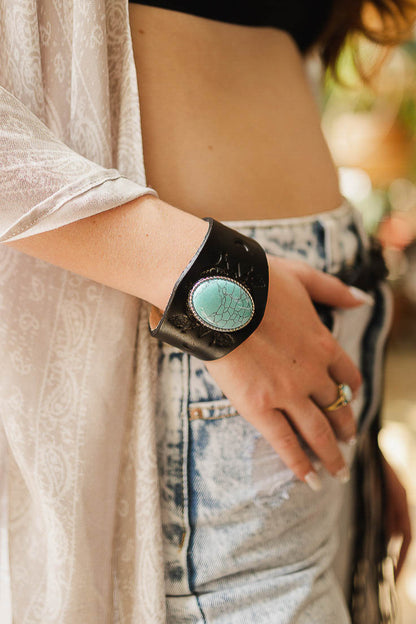 Boho Turquoise Stone Leather Cuff Jewelry Black