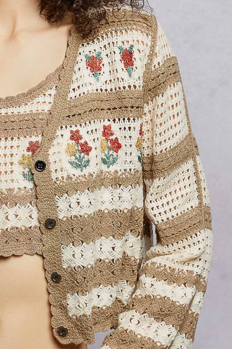 Stripe Long Sleeve Floral Embroidered Crochet Cardigan SALE