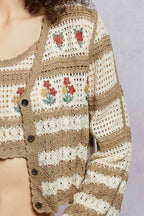Stripe Long Sleeve Floral Embroidered Crochet Cardigan SALE