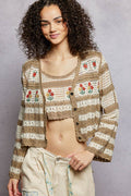 Stripe Long Sleeve Floral Embroidered Crochet Cardigan SALE