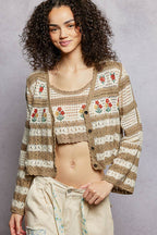 Stripe Long Sleeve Floral Embroidered Crochet Cardigan SALE