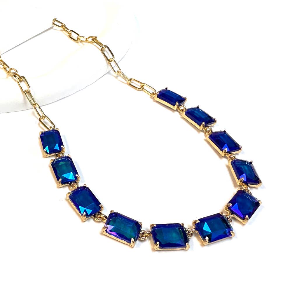 Rectangle Crystal Glass Linked Statement Chain Necklace