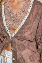 Floral Embroidered Contrast Chenille Crochet Cardigan Top