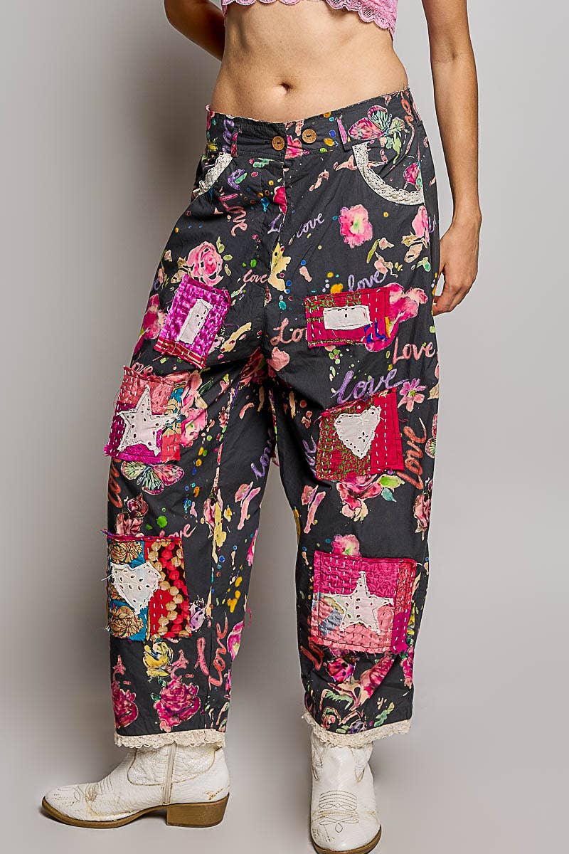 Heart Star Patchwork Lace Trim Barrel Pants
