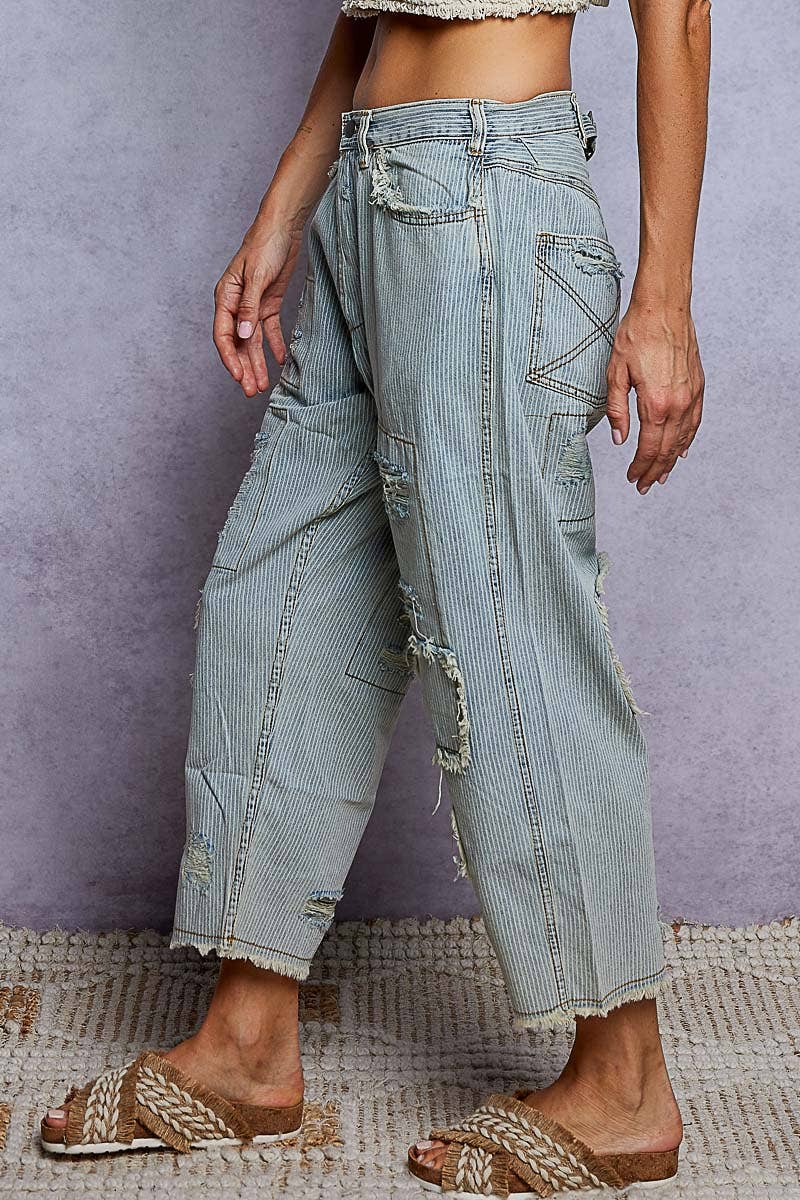 High Rise Ankle Length Distressed Pinstripe Jeans