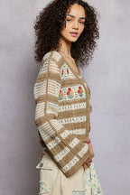 Stripe Long Sleeve Floral Embroidered Crochet Cardigan SALE