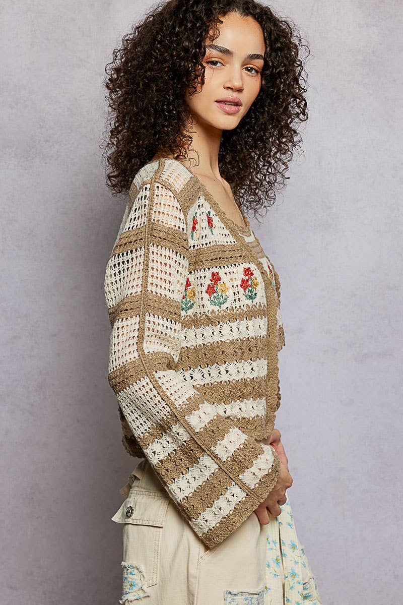 Stripe Long Sleeve Floral Embroidered Crochet Cardigan SALE