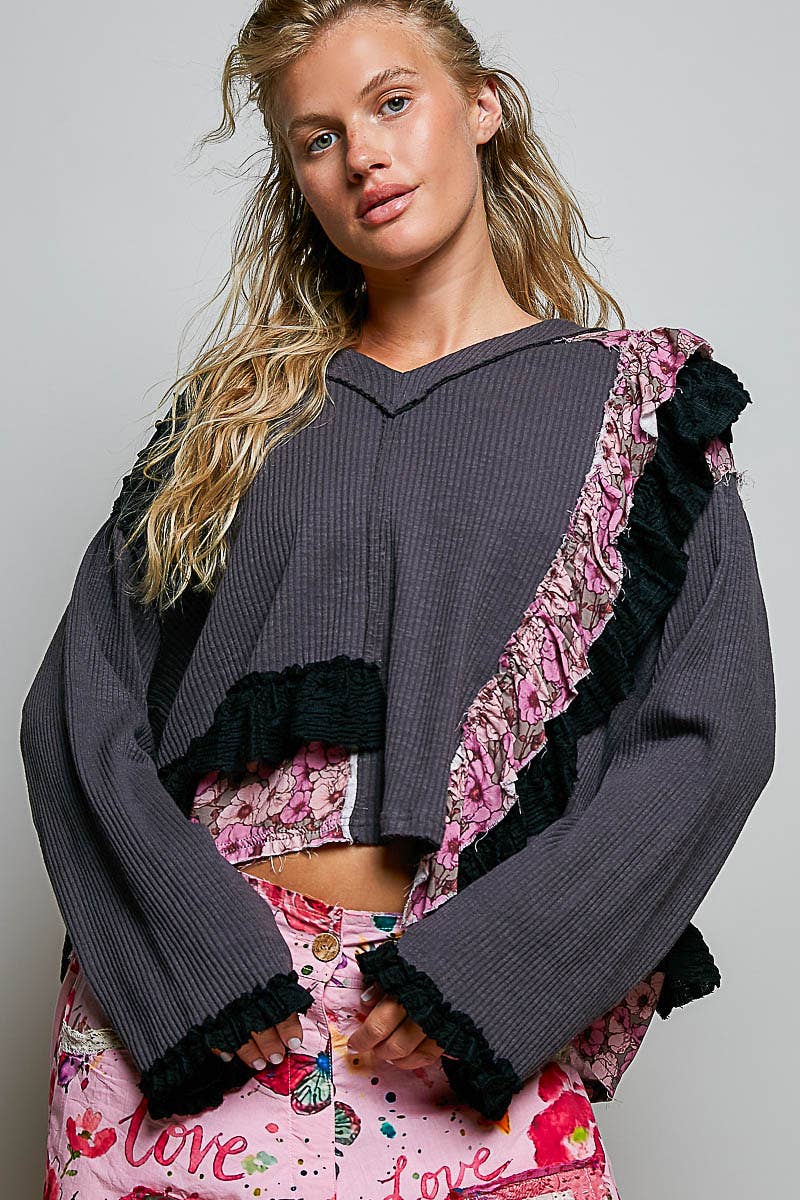 POL Floral Ruffle Trim Textured Ribbed Long Sleeve Knit Top