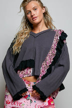 POL Floral Ruffle Trim Textured Ribbed Long Sleeve Knit Top