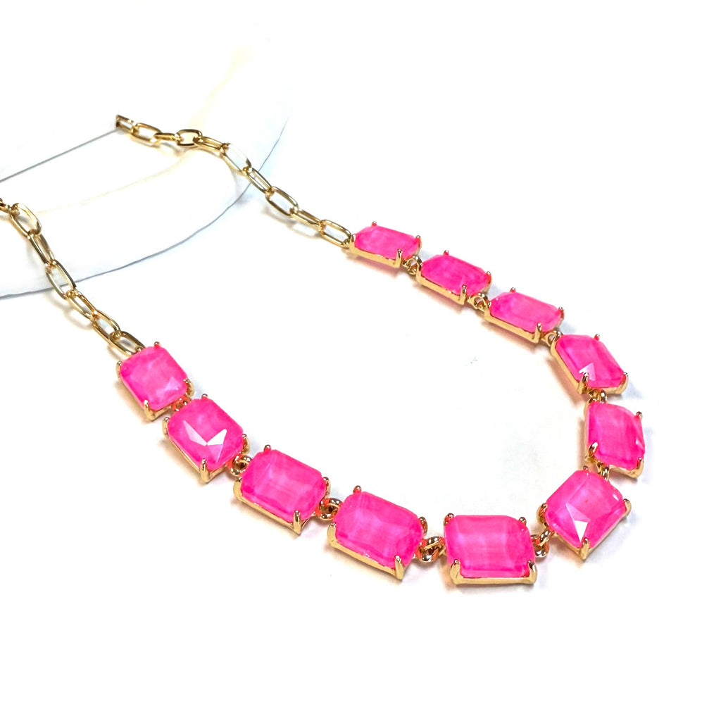 Rectangle Crystal Glass Linked Statement Chain Necklace