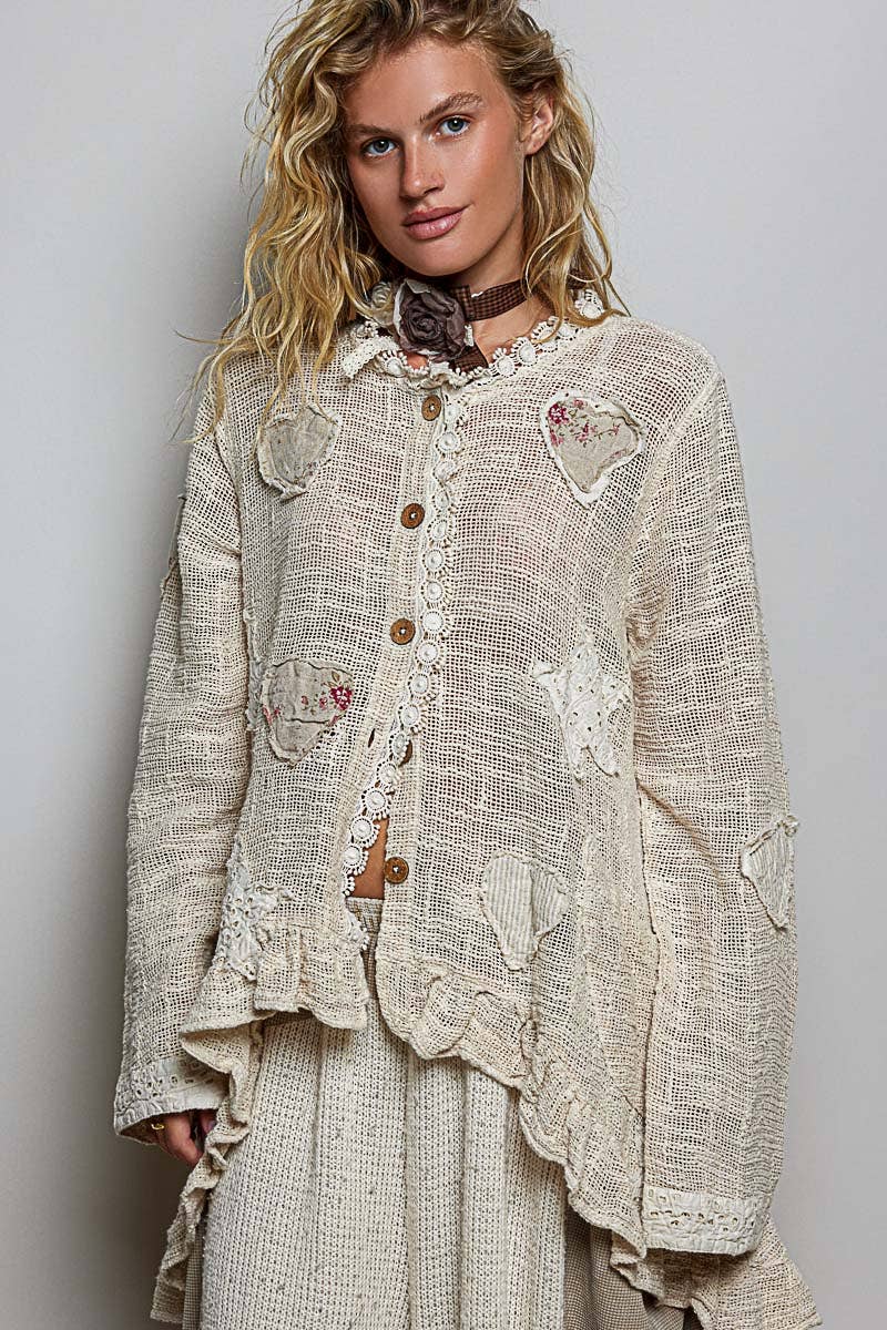 Floral Heart + Star Appliqué Lace Trim Cardigan
