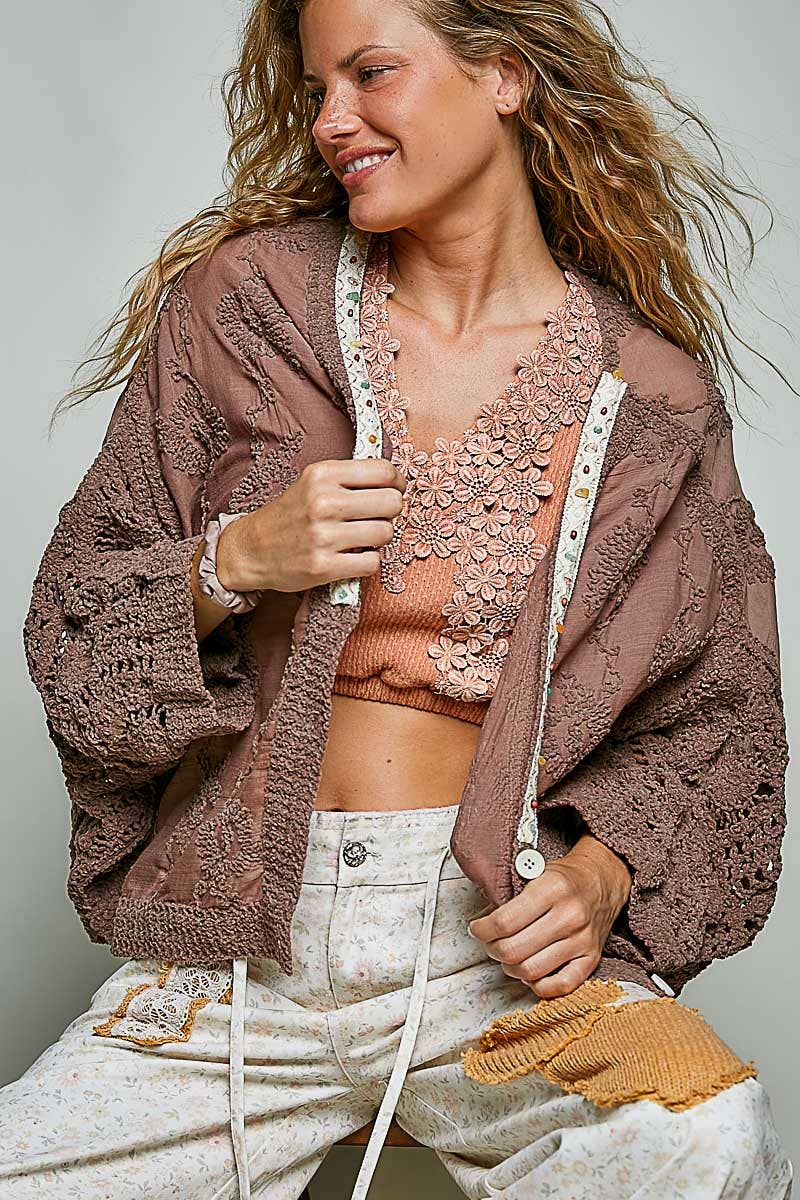 Floral Embroidered Contrast Chenille Crochet Cardigan Top