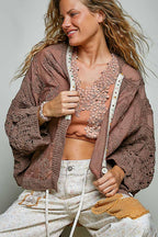 Floral Embroidered Contrast Chenille Crochet Cardigan Top
