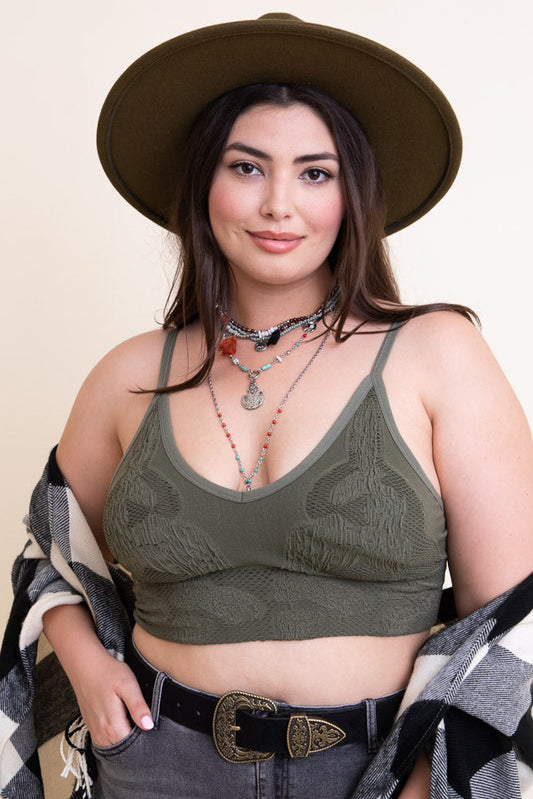 Curvy Seamless Padded Textured Brami Plus Size Olive