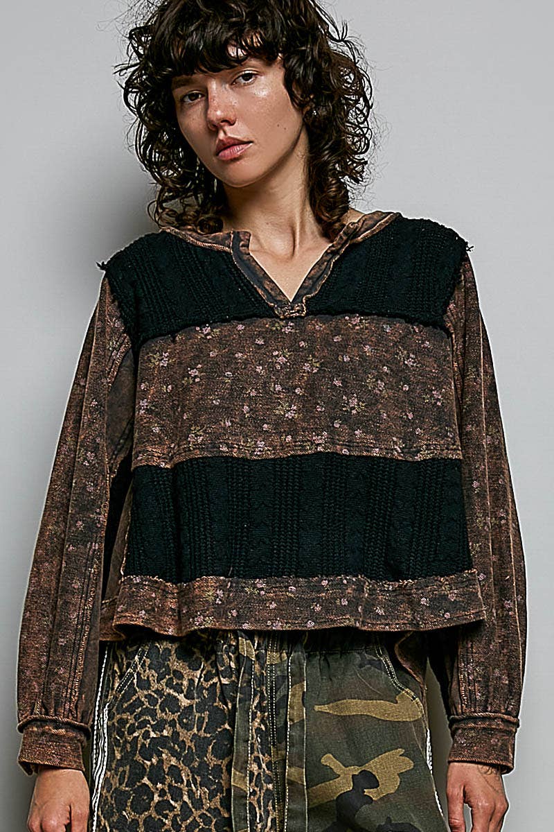 POL French Terry Raw-Edge Trim Patchwork Textured Knit Top